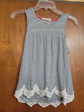 Striped Tank Top with Crochet Hem - Navy & White